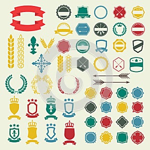 Emblem and labels set. Collection of retro style badges, banners, shields, emblems, typography, frames, arrow, borders, ribbons